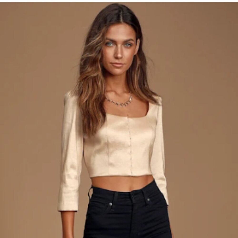 Lulus Champagne Taffeta Satin Square Neck Hook Eye Corset Long Sleeve Crop Top